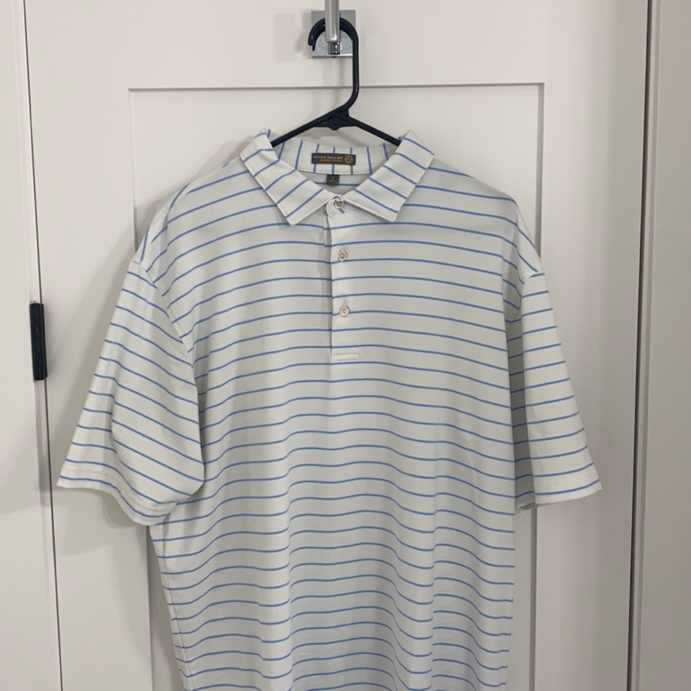 Blue and white striped Peter Millar golf shirt